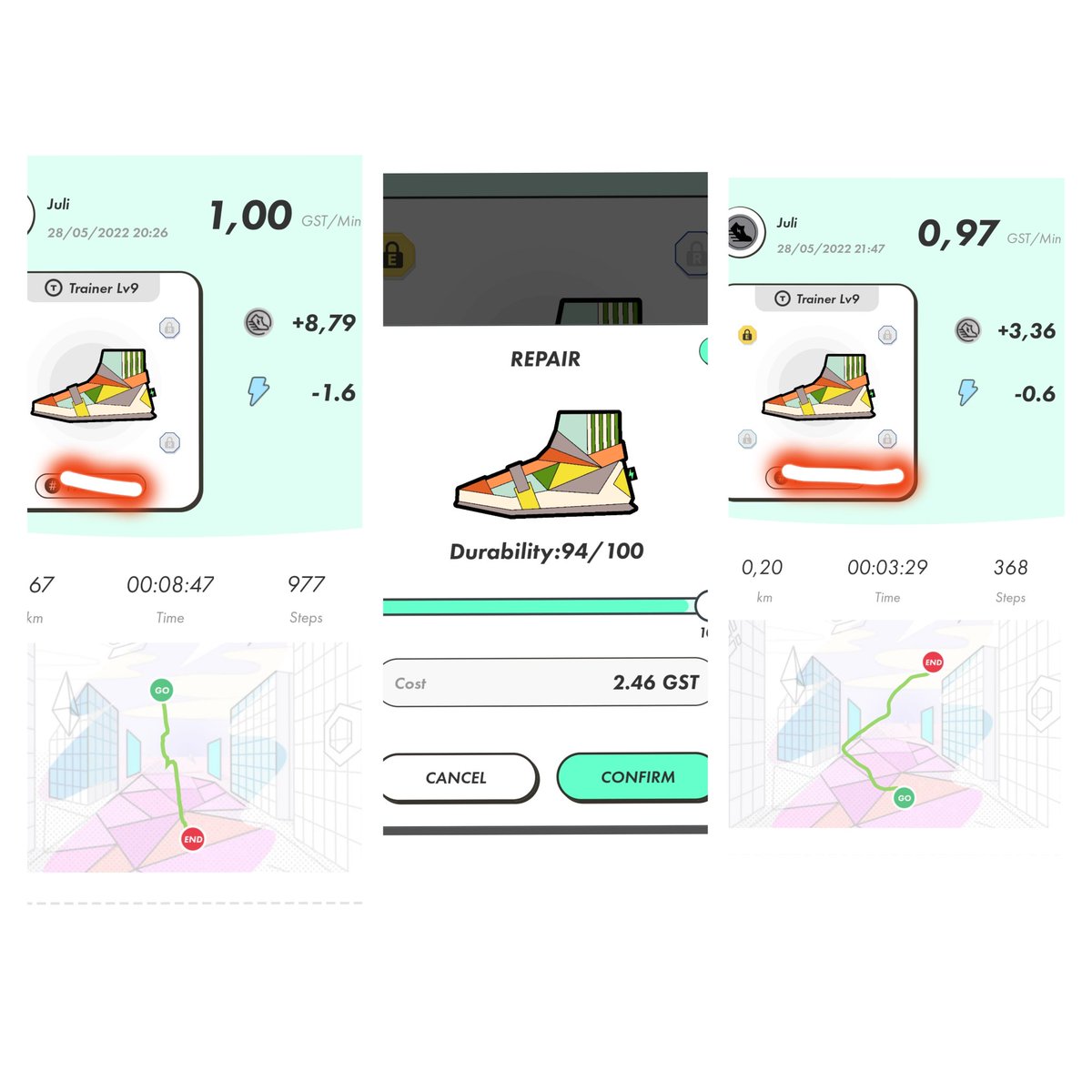 julia22bcn's tweet photo. Día 18 Nivel 9
💰12.15 gst
🌡️ 2.46 gst reparación (0.41p/p)

🪙Total: 9.69gst  (9.69)
🎁Acumulado : 135.73 GST
 #STEPNcode #stepnofficial #stepnespaña #STEPNAMA https://t.co/q6lyJiuUnj