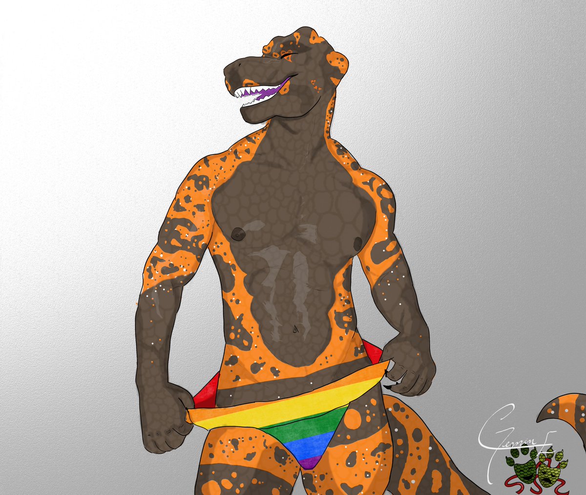Looks like a certain Gila Monster I know is ready and really excited for pride month, he got new undies and didn't hesitate on getting a photoshoot session!! #ScalieFurries #FurriesPride #LoveIsLoveFurry