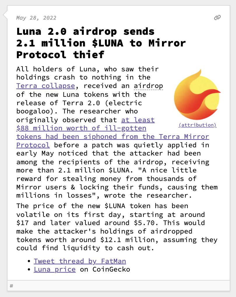 web3 is going just great on X: Luna 2.0 airdrop sends 2.1 million $LUNA to  Mirror Protocol thief May 28, 2022    / X