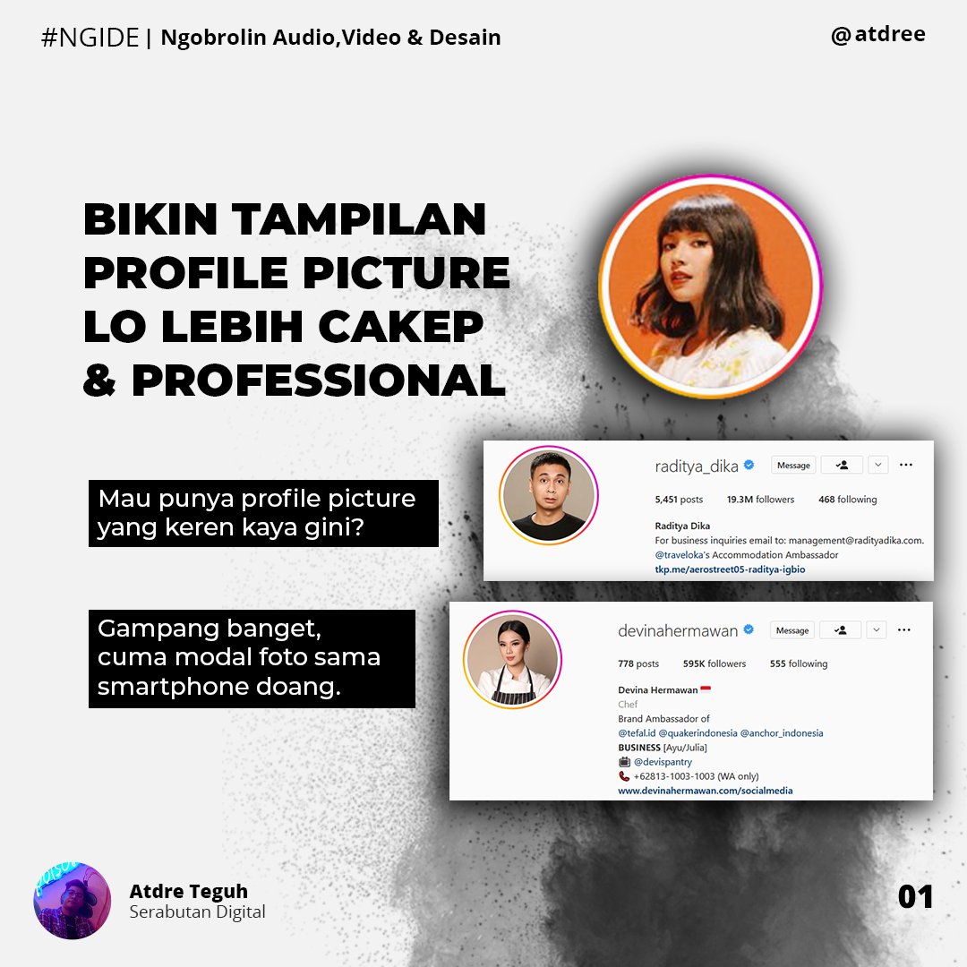 atdreee's tweet photo. lagi belajar bikin microblog, karena gue suka coba hal baru maka lahirlah #NGIDE (Ngobrolin Audio,Video &amp; Desain). 3 hal yang gue ulik beberapa tahun ke belakang. gue bukan expert, mari kita sama-sama belajar! 

kali ini bahas profile picture, semoga bisa menambah insight kalian! https://t.co/I4uFKq8LNm