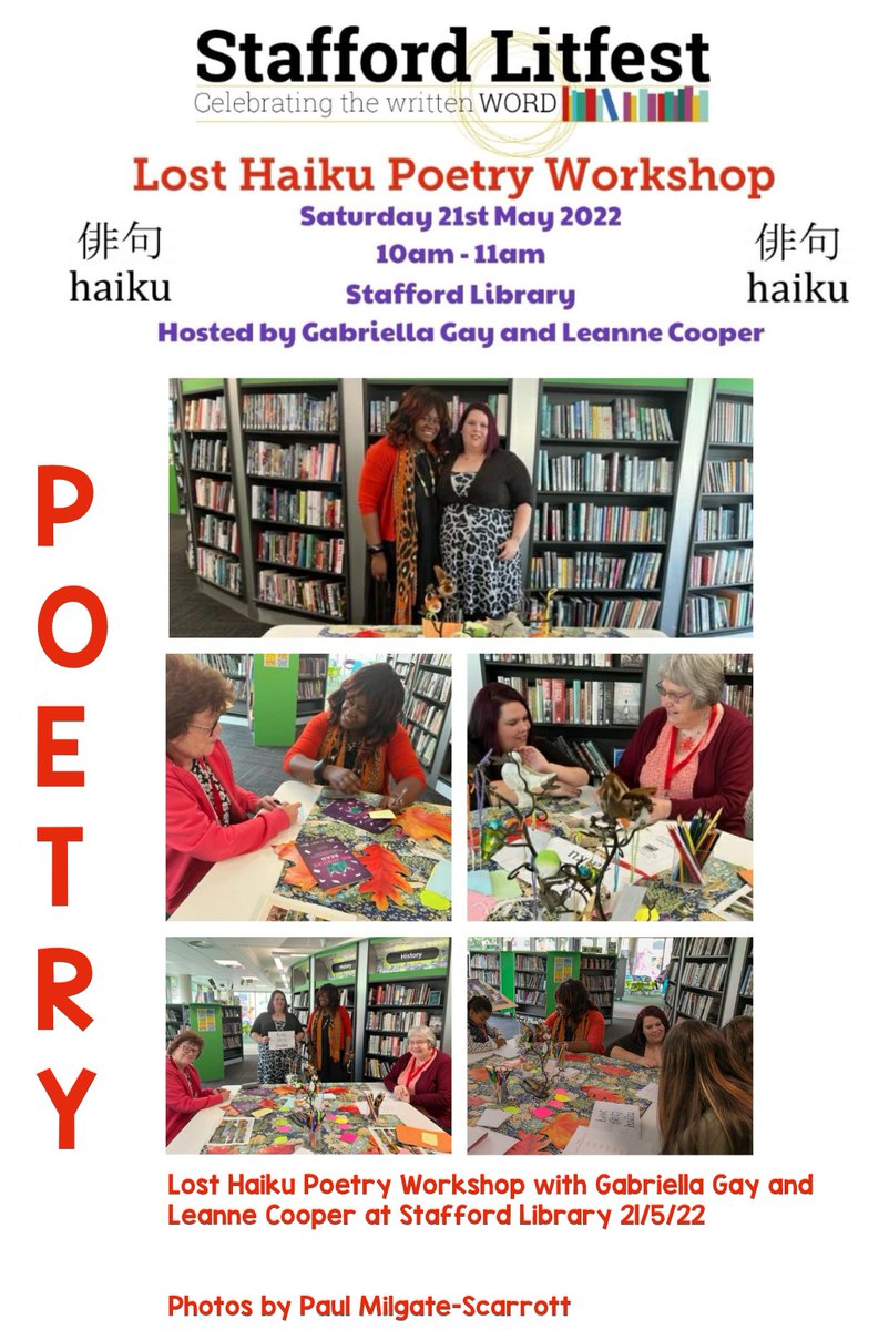 melwardlepoet's tweet image. Anyone who entered the library was immediately drawn to this vibrant, fun and lively @LostHaiku Poetry Workshop with @gkagaywriting and @LCooper_author at Stafford Library 21/5/22

Photos by Paul Milgate-Scarrott

#staffordlitfest #staffordlibrary #poetry #poets #stafford