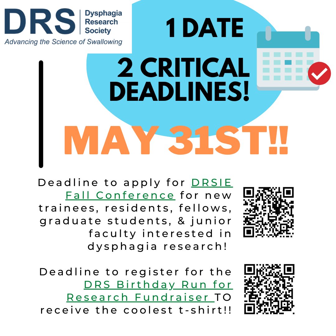 Dysphagia Research (@official_drs) on Twitter photo ONE Date (MAY 31ST):TWO DEADLINES! Click link in bio or scan QR code to register for the #DRSIE Fall Conference or to register for the upcoming <a href="/Official_DRS/">Dysphagia Research</a> Run for Research to receive a t-shirt in time for the week of the event (June 19th-25th)! #dysphagia #research #drsrun2022 ONE Date (MAY 31ST):TWO DEADLINES! Click link in bio or scan QR code to register for the #DRSIE Fall Conference or to register for the upcoming <a href="/Official_DRS/">Dysphagia Research</a> Run for Research to receive a t-shirt in time for the week of the event (June 19th-25th)! #dysphagia #research #drsrun2022