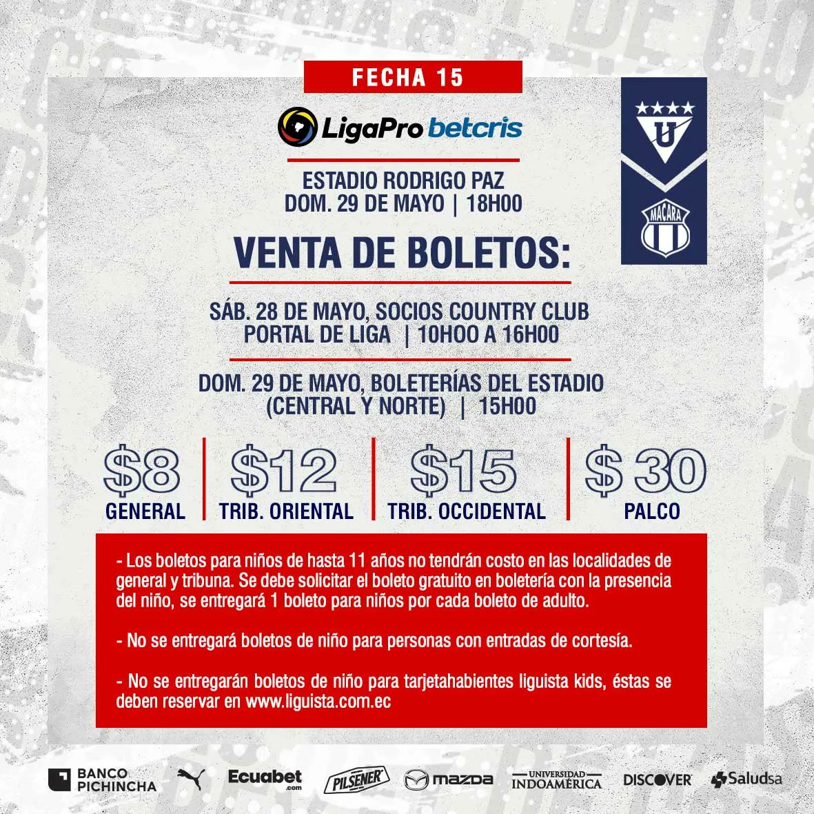 ℹ️ #VentaDeBoletos
🆚 #LDUvsMAC
📆 29.05.2022
🕕 18h00