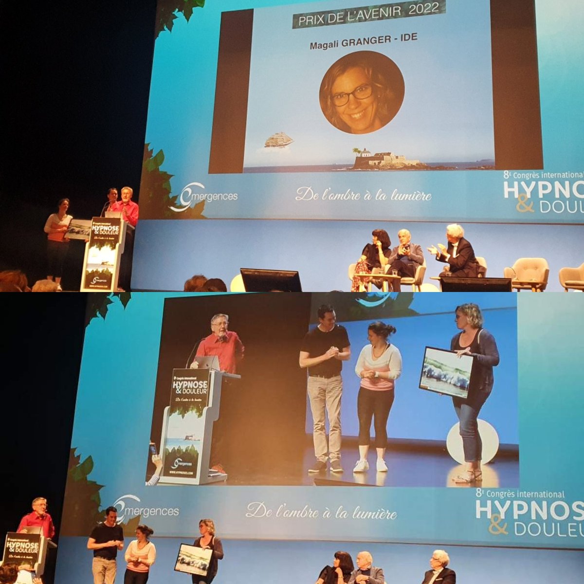 MagaliGranger's tweet photo. Récompensée pour mon travail en hypnose au 8 ème congrès international d'hypnose et douleur par le "Prix avenir 2022" remis par le Dct Claude Virot. 
#Recherche #hypnose 
 @MBoissart @GIRCIGrandOuest @CHURennes @ https://t.co/hewqK7F80y
