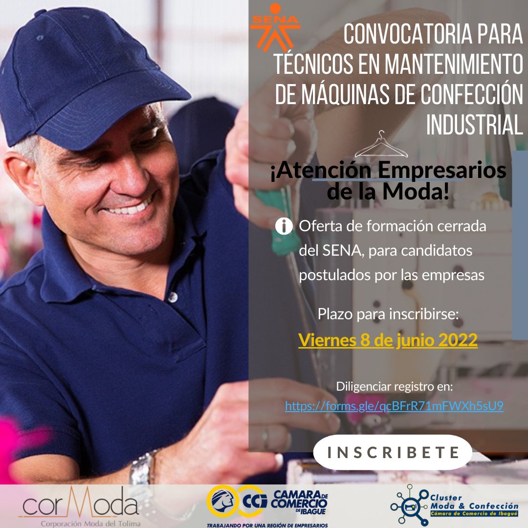 CORMODA TOLIMA (@cormoda1) on Twitter photo 📣La mesa técnica de confección industrial conformada por el <a href="/senatolima/">Sena Tolima</a>, el Clúster moda de @camaracomercioibague y Cormoda, los invita a inscribirse en la convocatoria de "TÉCNICOS EN MANTENIMIENTO DE MAQUINAS DE CONFECCIÓN INDUSTRIAL"🔧
Enlace👉:forms.gle/zaBEmLGZZoVgNC… 📣La mesa técnica de confección industrial conformada por el <a href="/senatolima/">Sena Tolima</a>, el Clúster moda de @camaracomercioibague y Cormoda, los invita a inscribirse en la convocatoria de "TÉCNICOS EN MANTENIMIENTO DE MAQUINAS DE CONFECCIÓN INDUSTRIAL"🔧
Enlace👉:forms.gle/zaBEmLGZZoVgNC…