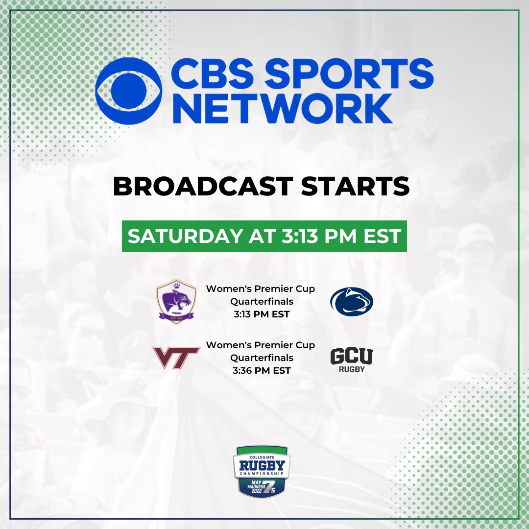 Our pair of quarterfinal matchups on <a href="/CBSSportsNet/">CBS Sports Network</a> is set ☑️

#3 <a href="/UNIWR/">UNI Women's Rugby</a> vs. #2 <a href="/PennStateWRugby/">Penn State Women’s Rugby</a> 
#3 <a href="/VTWomensRugby/">VT Women's Rugby</a> vs. #2 <a href="/GCUWomensRugby/">GCU Women's Rugby</a> 

Catch them live on CBS Sports Network starting at 3:13 PM EST!

#CRC | #MayMadness7s