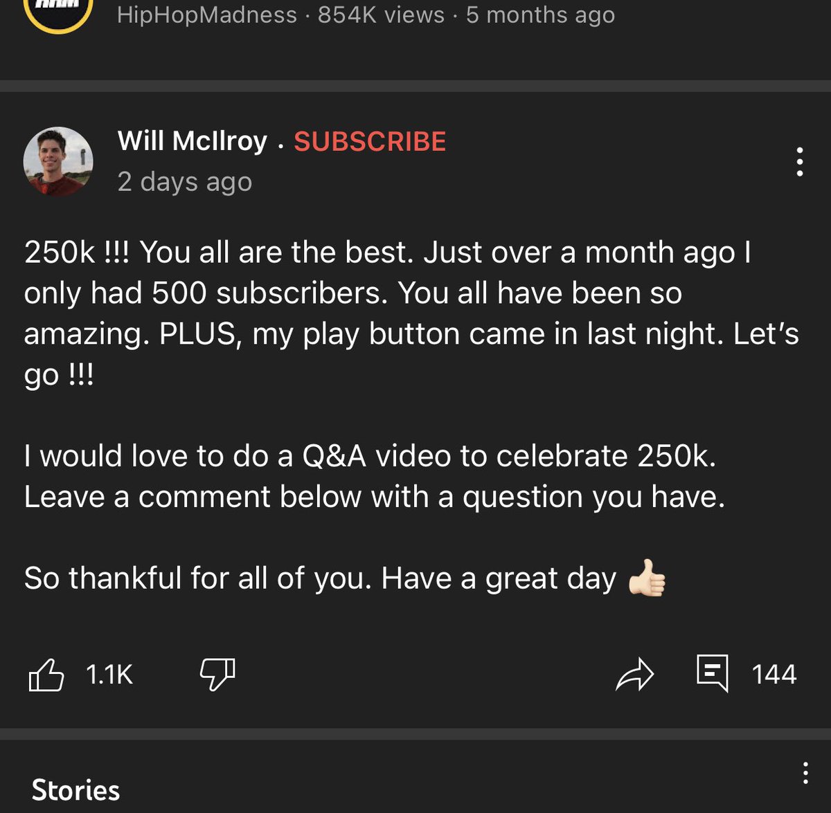 scrolling through YouTube and saw this

a creator thanking his viewers for 250,000 subscribers

he had 500 subscribers a month ago 😳

love to see it 💙

this can happen to you someday 📈