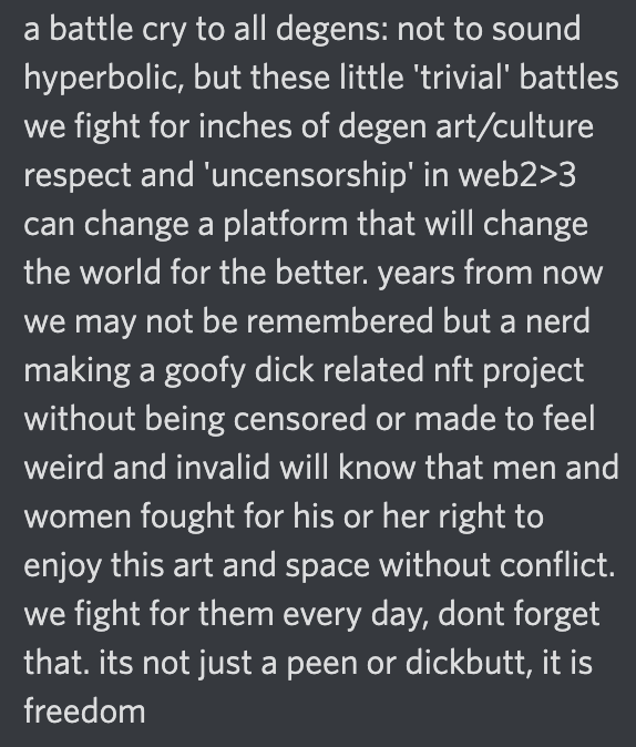 The_Tuna_Boss's tweet image. a thought on the degenerate space... @larvachads @LarvaKarens @CryptoDickbutts @CryptoTitVags @cryptomoonbutts @DickToadz @dancebabbydance @buttStuff_eth @wearekent_ @Asianriceeeee @batsoupyum @punk6529 @snekbas @dont_ask_vi @OxVodnik @kerimbonia @DonTesticoli @fyfdotcom