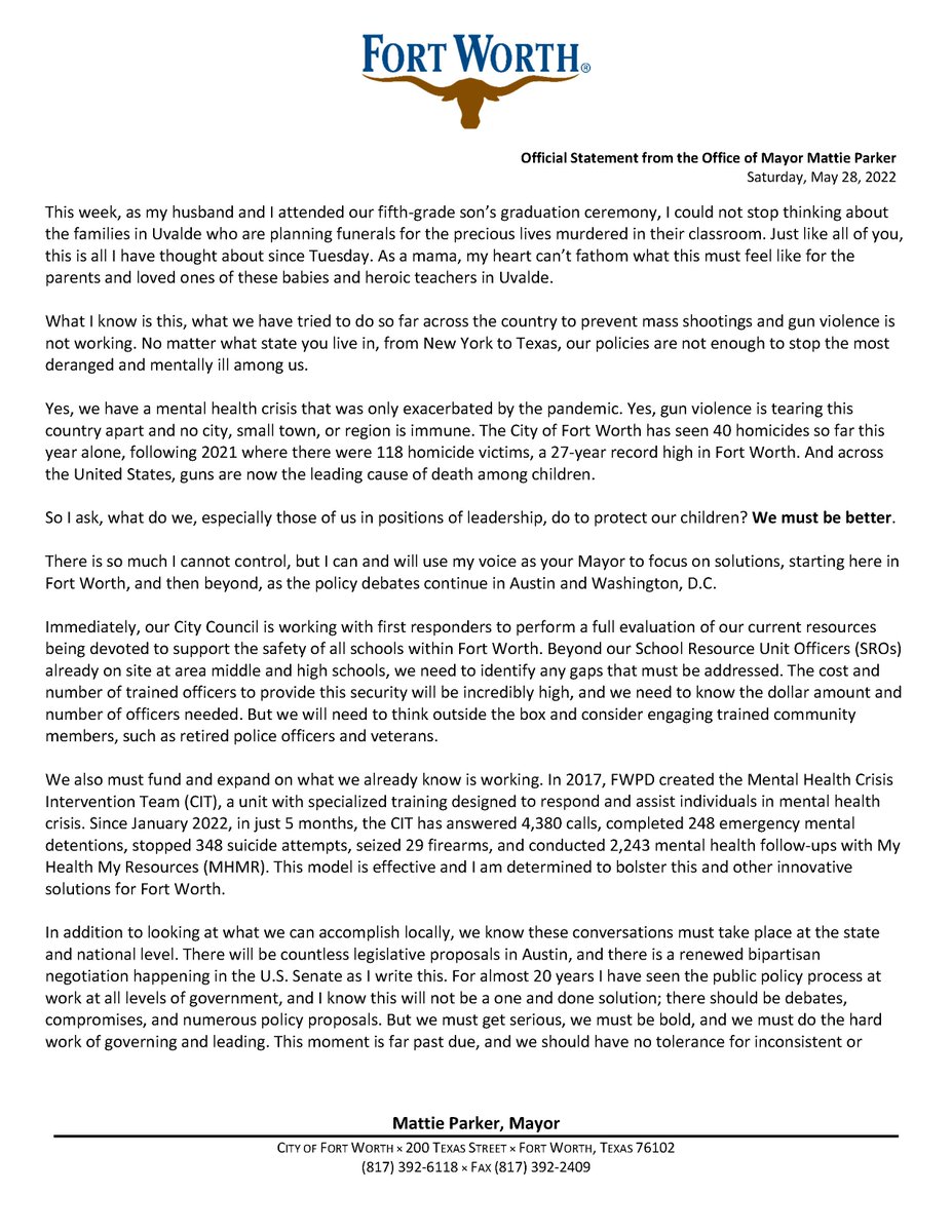 MayorMattie's tweet photo. As your Mayor, I am determined to make Fort Worth safer. As a Texan, I am committed to fighting for courageous and commonsense policies. And as a mother, I will not rest until we have made our world better for the next generation.
Read full text: https://t.co/J3pxmfL2ad https://t.co/yfLoQGiD0P