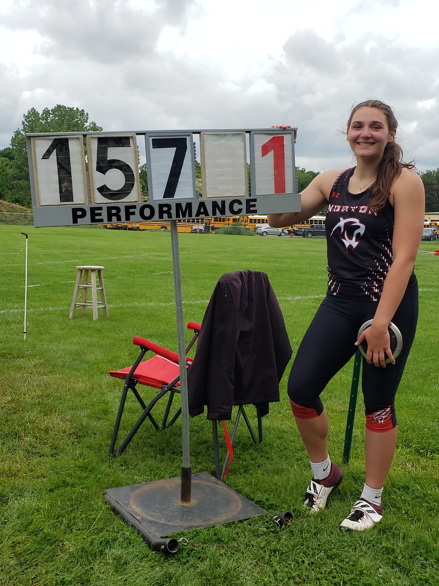 Ellet_D_Coach_P's tweet photo. Morgan Hallett breaks the regional discus record and again, she does it twice in one day. She takes first place and heads to Columbus with a throw of 157' 1. 

#PantherTrainToTitleTown https://t.co/7QkAv0L9Vy