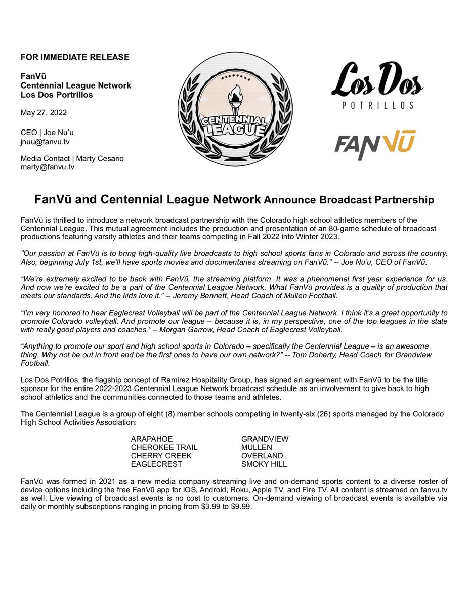 FOR IMMEDIATE RELEASE : FanVū and Centennial League Network Announce Broadcast Partnership
▶️ fanvu.tv/video/schedule… 🏈🏐🏀