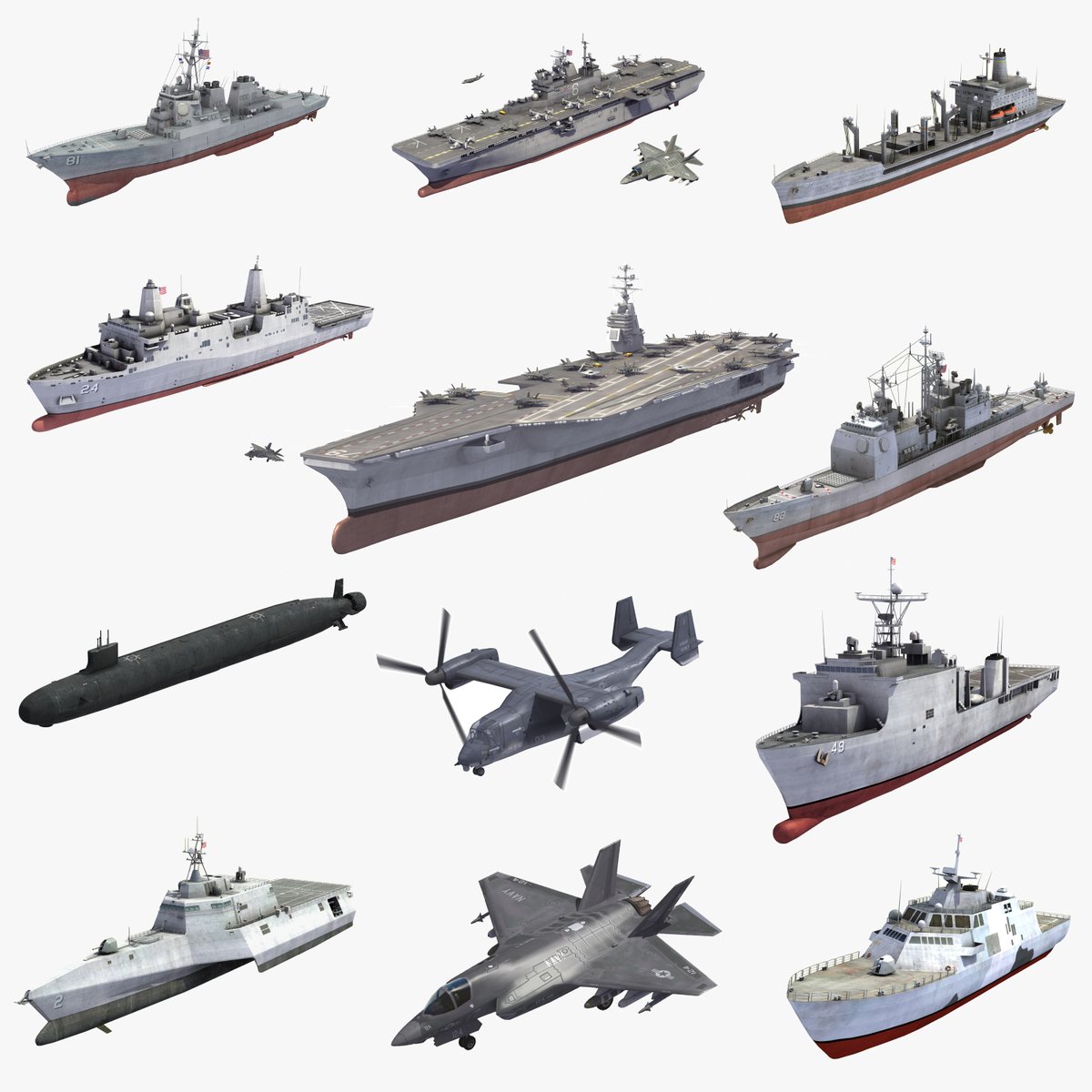 ES3D_Studios's tweet photo. US Navy collection. Includes Aircraft carriers, Destroyers, Cruisers, Submarines, Stealth Fighters, Helicopters, UAV, Littoral Combat Ships and Supply Ships. Everything needed to recreate a full USN Strike Group.
https://t.co/LpD7SaxaOl
#USN #3DShips #NavalSim #Turbosquid #3DSim https://t.co/pQecnWGXEI