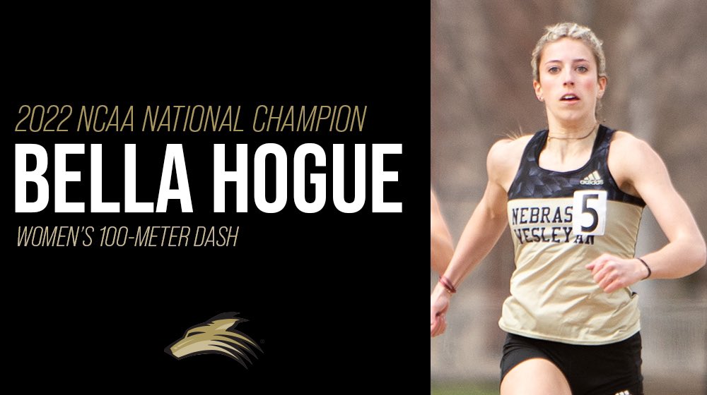 🏆 NATIONAL CHAMPION 🏆 

Bella Hogue is the 2022 <a href="/NCAADIII/">NCAA Division III</a> National Champion in the 100-meter dash! Hogue won the race with a time of 11.57!