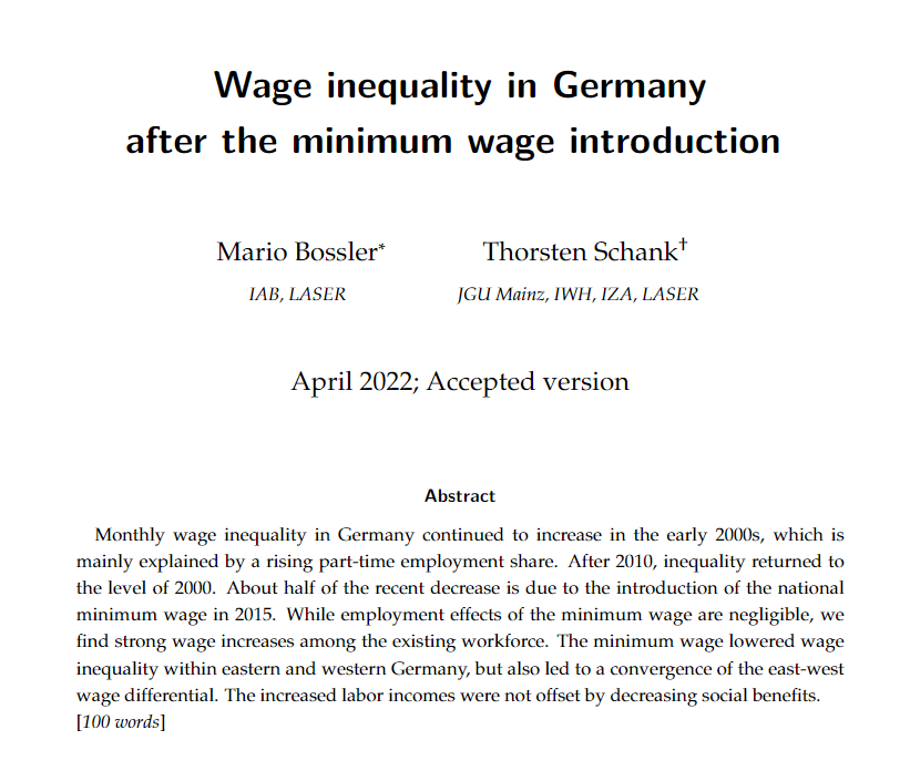 sanderwagner's tweet photo. Evaluation of Germanys 2015 minimum wage introduction:
- negligible emmployment effects
- higher wages
- lower wage inequality in East and West Germany
- lower wage difference between East and West Germany
https://t.co/RfJ29MrbQE https://t.co/QzUU0dOZ1S