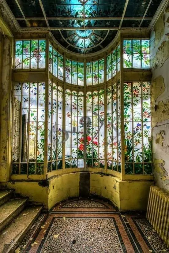 Art Nouveau stained glass in an abandoned house in France