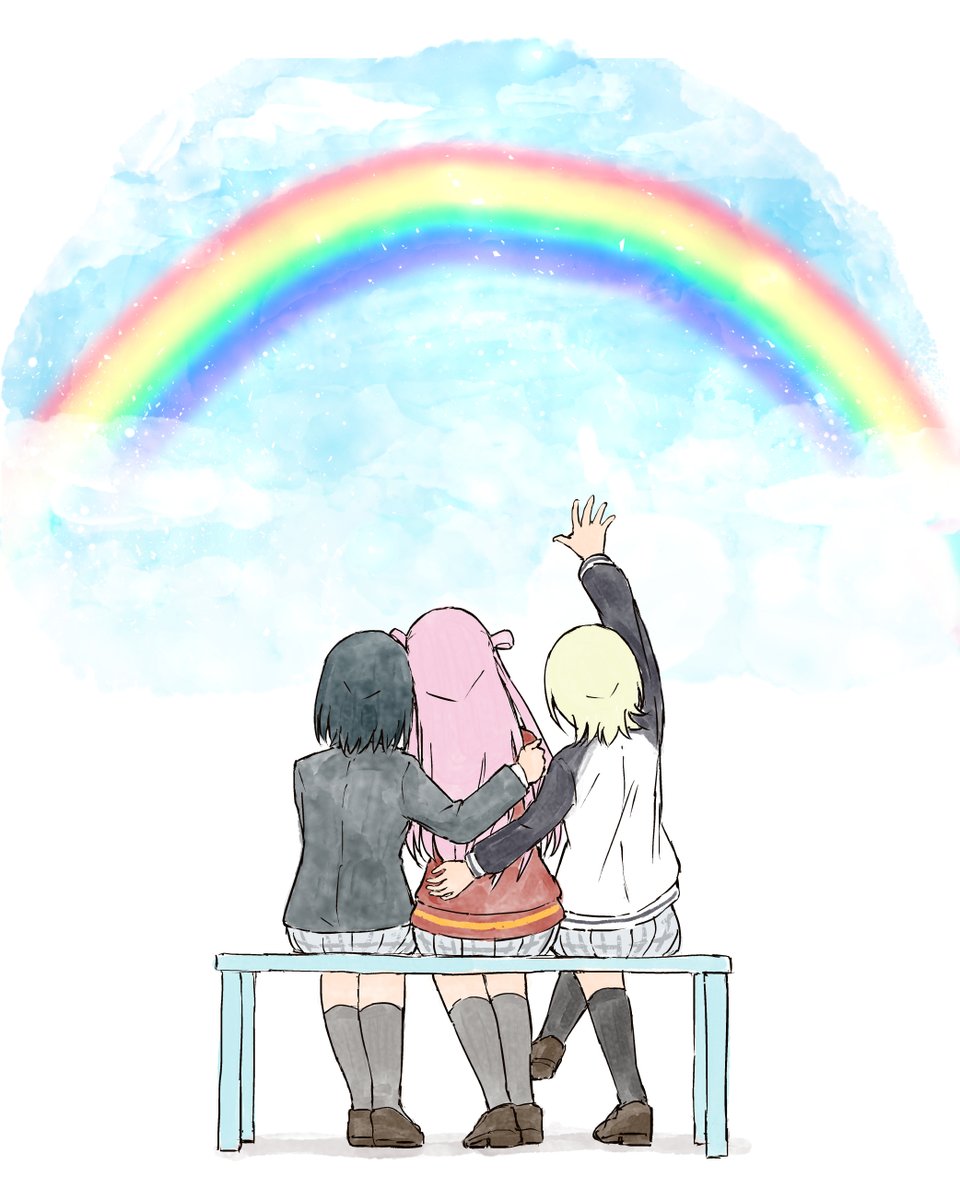 multiple girls rainbow school uniform pink hair black hair bench jacket  illustration images