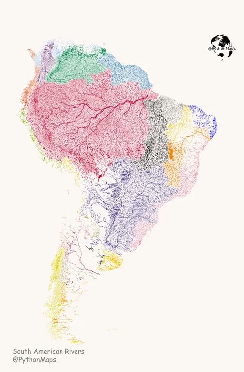 Love these river maps! Here are the rivers of South America coloured according to the major hydrological basins they are part of. Source: buff.ly/3LSsh6M