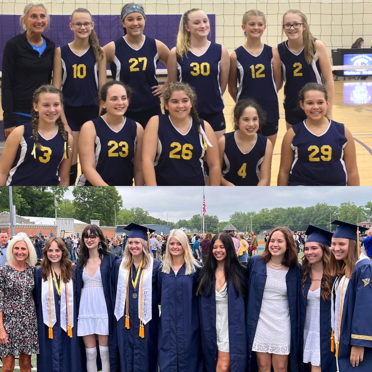 balbanese170's tweet photo. My last graduation and how fitting that I go out with this amazing group of beautiful young ladies! From 7th grade Vball to Graduation; they will always be special to me. Love all of you!! 💙🏐💛🎓 (Sorry Zada we couldn’t find you.) #proudcoach #proudteacher #granvillepike https://t.co/bRcRJd2m7f