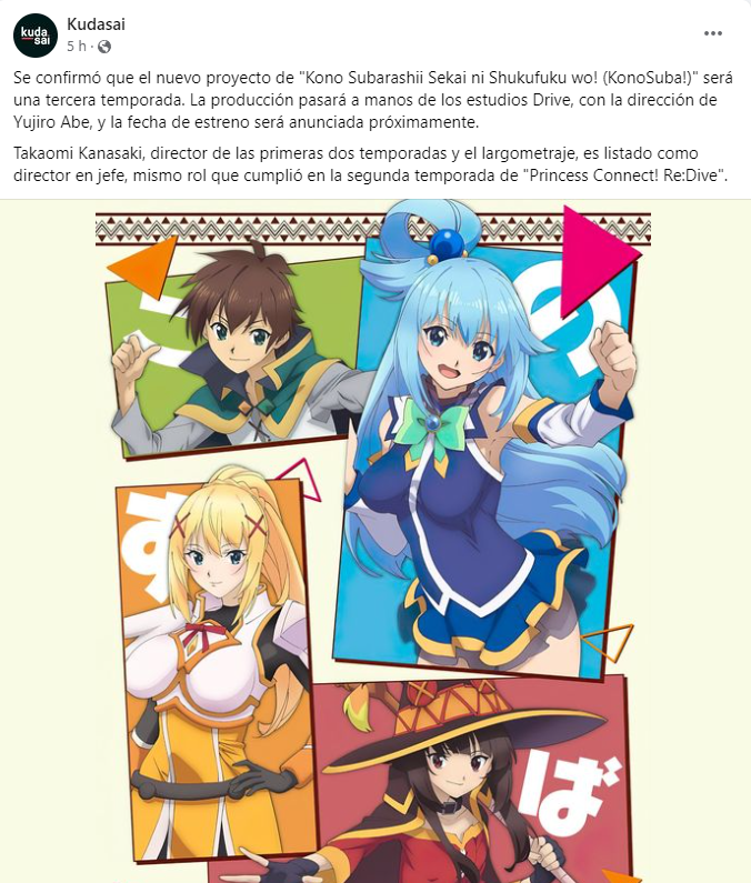_Alpha_lol's tweet photo. Este 2022 esta yendo demasiado bien... 

Primero anuncian:
-Un remake de Urusei Yatsura.
-Se espera el regreso de HxH porque su creador se creo un twitter donde comparte su progreso.
 
Y ahora 3era temporada de Konosuba...

Parece mentira todo lo que anda pasando. https://t.co/Y5aJ1FdsEk