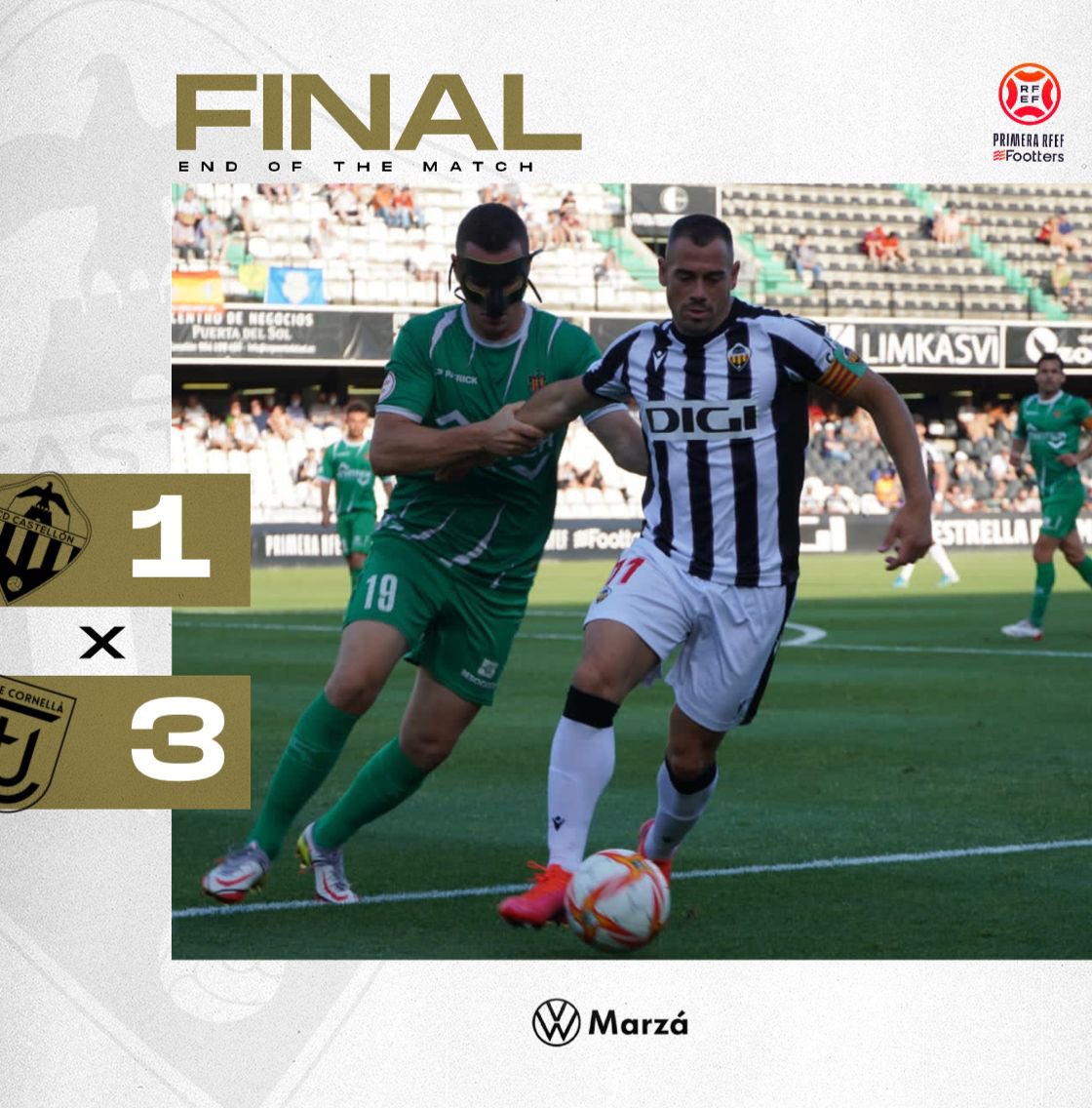 CDCastellon's tweet photo. Final del partido (1-3)

Derrota del @cdcastellon en #Castalia🏟 ante la @ue_cornella 

#PPO100👂 https://t.co/gIFn6RUXyz