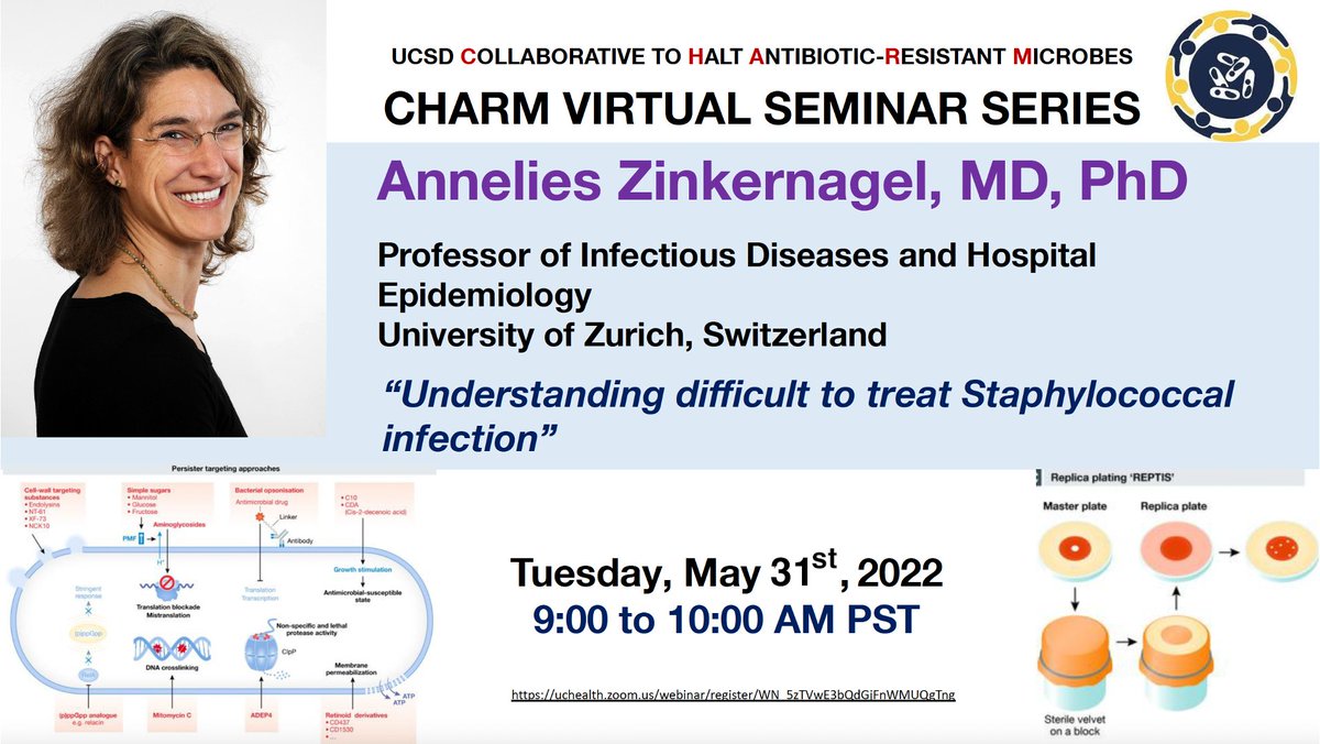 ᐯIᑕTOᖇ ᑎIᘔET (@victornizet) on Twitter photo Join us!
Clinician-scientist and new <a href="/ESCMID/">ESCMID</a> President Annelies Zinkernagel <a href="/AZinkernagelLab/">Zinkernagel Lab Zurich</a> <a href="/UZH_Science/">UZH Science</a> on science-driven approaches to serious S. aureus infections #MRSA
<a href="/CHARM_UCSD/">CHARM UC San Diego</a> Seminar Series
Tues May 31
12:00 PM EDT/9:00 AM PDT
FREE TO ALL!
uchealth.zoom.us/webinar/regist… Join us!
Clinician-scientist and new <a href="/ESCMID/">ESCMID</a> President Annelies Zinkernagel <a href="/AZinkernagelLab/">Zinkernagel Lab Zurich</a> <a href="/UZH_Science/">UZH Science</a> on science-driven approaches to serious S. aureus infections #MRSA
<a href="/CHARM_UCSD/">CHARM UC San Diego</a> Seminar Series
Tues May 31
12:00 PM EDT/9:00 AM PDT
FREE TO ALL!
uchealth.zoom.us/webinar/regist…