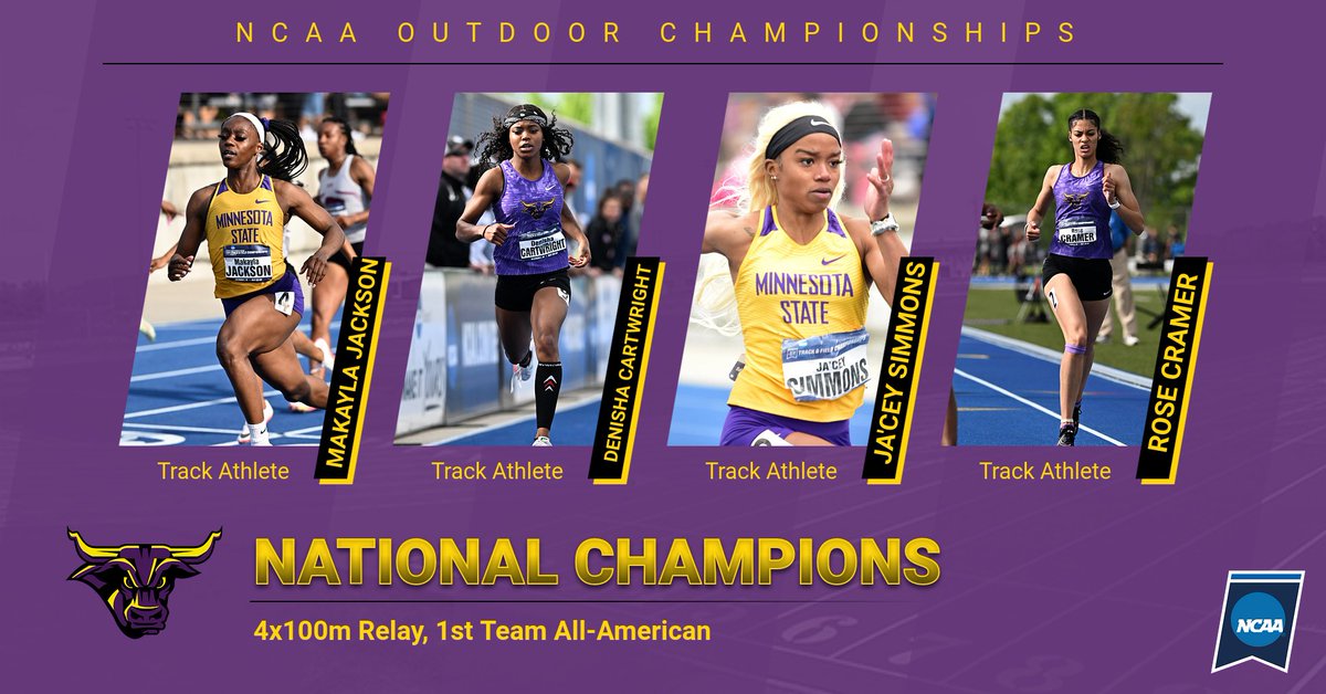 MinnStAthletics's tweet photo. Minnesota State's 4x100m Relay team are National Champions😈🤘😈 This is the first title for the Mavericks this weekend at the #NCAAD2ODTF Championships!!! They also earn 1st Team All-American status with this performance #HornsUp #MavFam https://t.co/YTDNR3EN8N