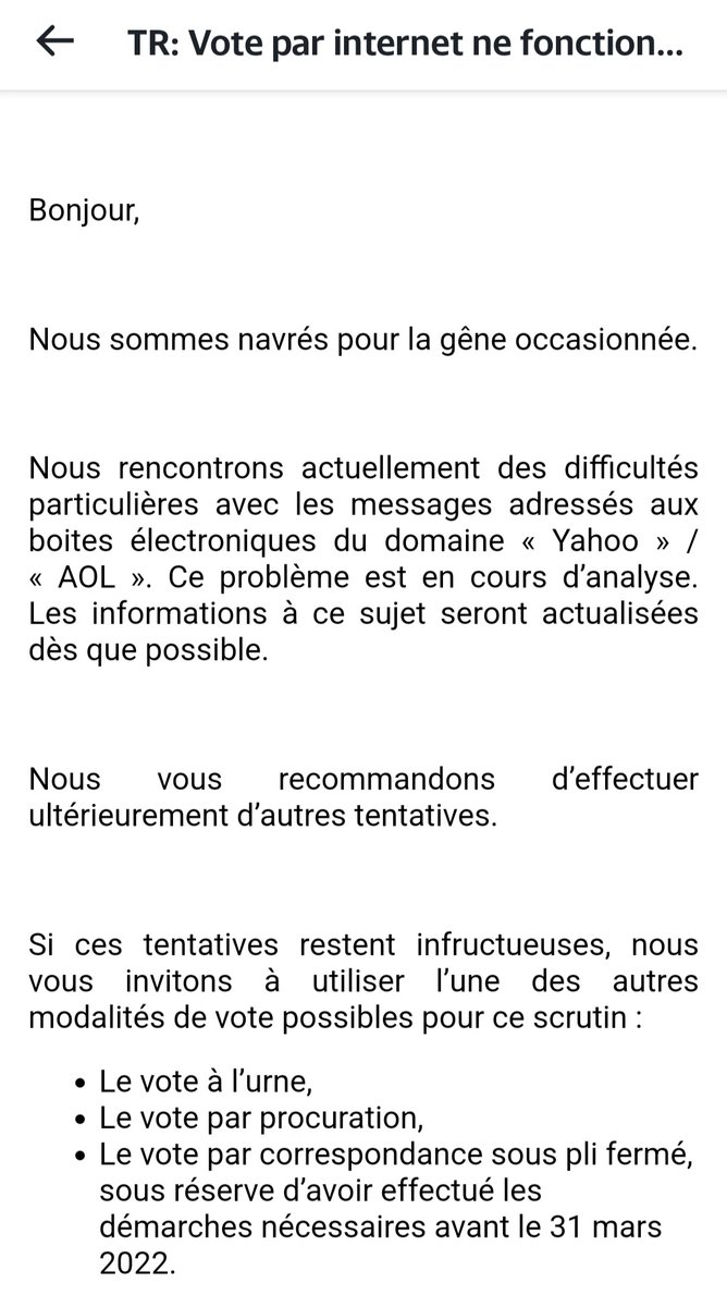 aledwige's tweet photo. @giseleceg @alexIholroyd @EmmanuelMacron @BrunoLeMaire @JBLemoyne @EPhilippe_LH @Elisabeth_Borne @RichardFerrand @CCastaner @bayrou @enmarchefr @avecvous Les détenteurs d'un compte Yahoo/AOL risquent d'être privés de leur droit de vote. Car si l'on avait l'intention de voter par internet, c'est peut-être parce qu'on ne sera pas en mesure d'aller à l'urne, et il est maintenant trop tard pour faire une procuration ou un vote postal https://t.co/dWH2Jp5ncM