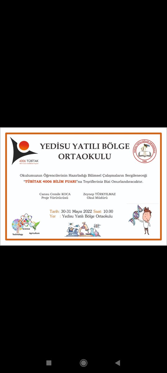 YedisuYBO's tweet photo. İlçemizde yapılacak olan Tübitak 4006 bilim fuarı etkinliklerine katılımlarınızdan onur duyariz.
@tcmeb @bingolmem @YedisuKaymakam @mkzen92 @halilyucel6060 @YedisuMEM @yusuf_tokus @halukcakan12 @MuhtesimTunc_ @Bsra65tnc @burakuzunlar @OgretmenOlgun @zeynep_ybo https://t.co/Ik4WAp2Ak9
