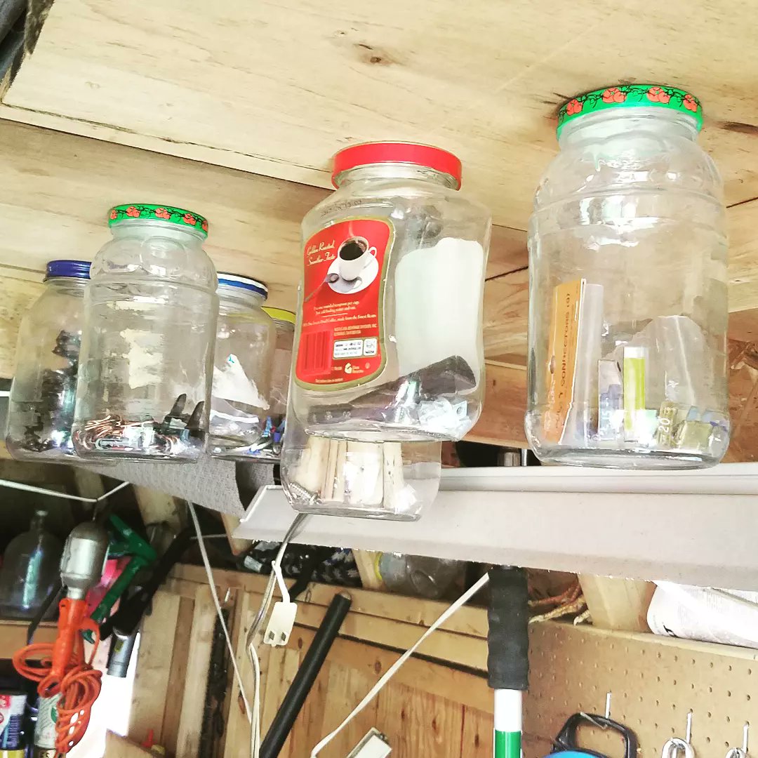 BudgetsAreSexy's tweet photo. Such a good idea!! Glueing tops to the ceiling then screwing in the bottles for easy storage of screws and baubles and what not...

#Frugal Hackery unlocked! 💪 https://t.co/GMiq5HoNtl