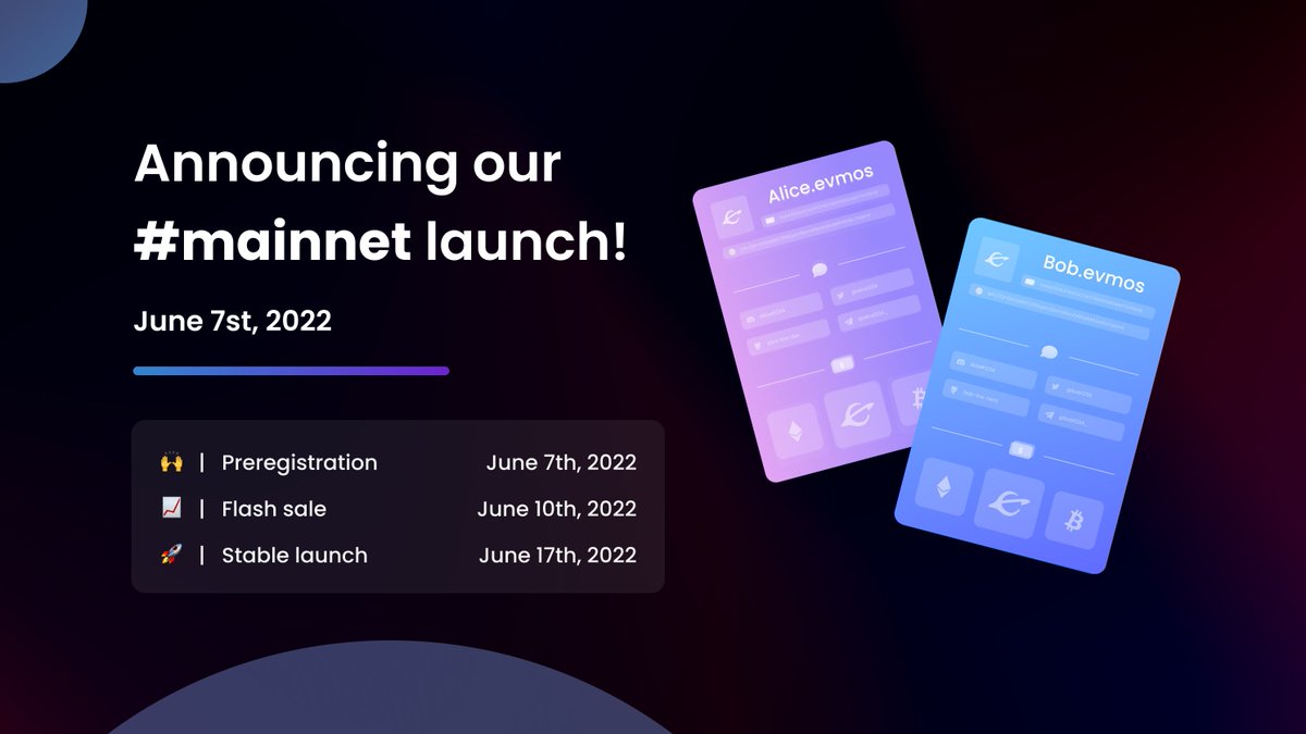 EvmosDomains's tweet photo. 🎉 #Mainnet Launch Announcement 🎉

Spread the word #Namers! 👀

We’re so excited to announce the final #mainnet launch for #EvmosDomains!
🗓 Mainnet Launch: June 7

In response to community feedback on our launch model, we're making important changes to pre-registration. 👇

1/5 https://t.co/kKGTx70a3e