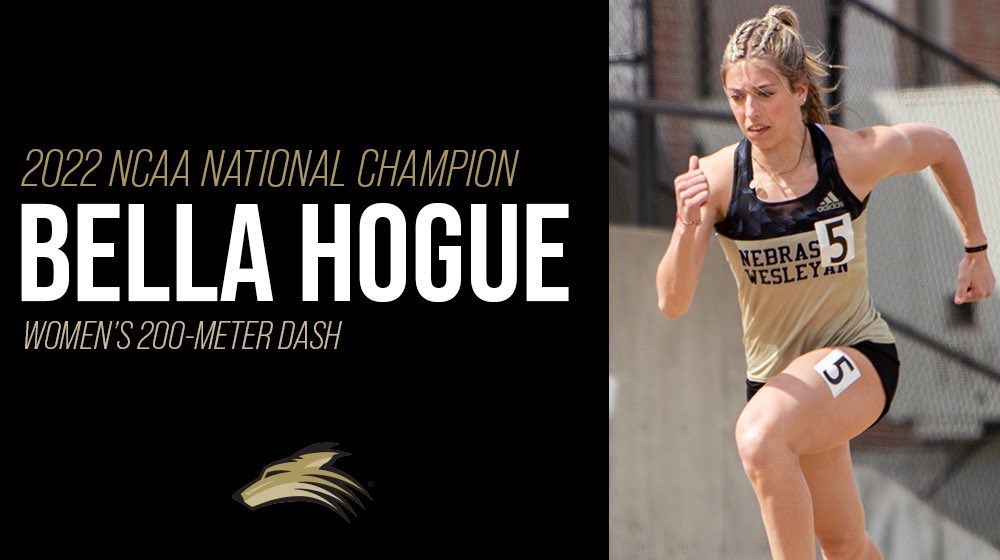 🏆 NATIONAL CHAMPION 🏆 

Bella Hogue wins her second national title of the day and is the 2022 <a href="/NCAADIII/">NCAA Division III</a> National Champion in the 200-meter dash! Hogue won the race with a time of 23.56!