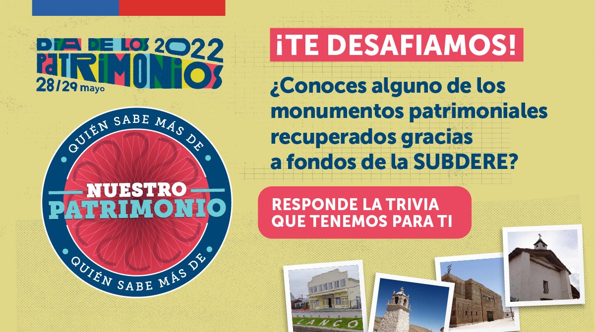 laSubdere's tweet photo. Hola, te damos la bienvenida a ¿Quién sabe más de nuestro patrimonio?, donde pondremos a prueba tus conocimientos con 16 preguntas sobre los monumentos recuperados por la #SUBDERE. ¿Aceptas el desafío? 🧵 https://t.co/FiZ1LVf9nq