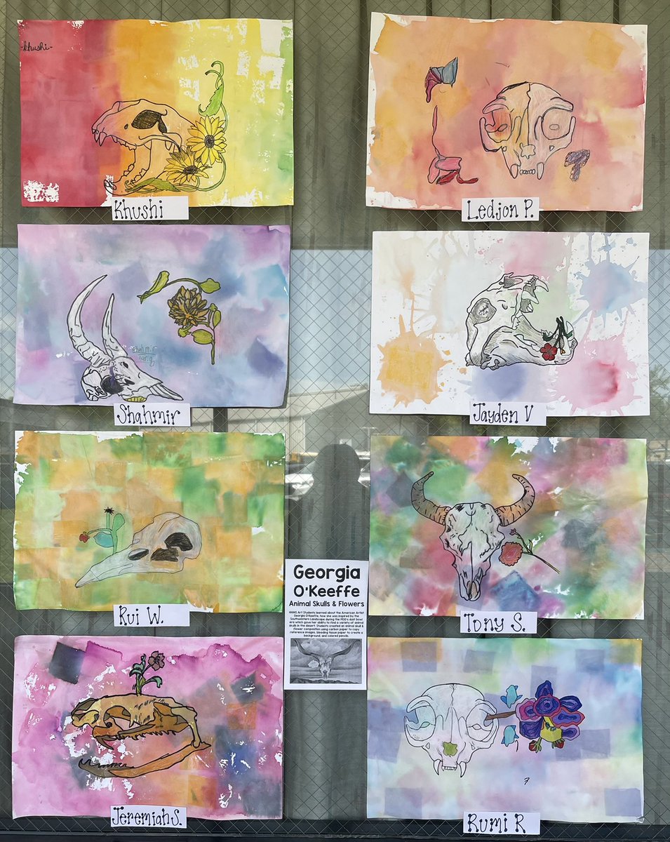MissDressel's tweet photo. 💀🌺 HHMS artists illustrated skulls and flowers inspired by the artwork Georgia O’Keeffe created during the 1930’s in New Mexico. #ShineBrightEdison https://t.co/4BR56srTXH