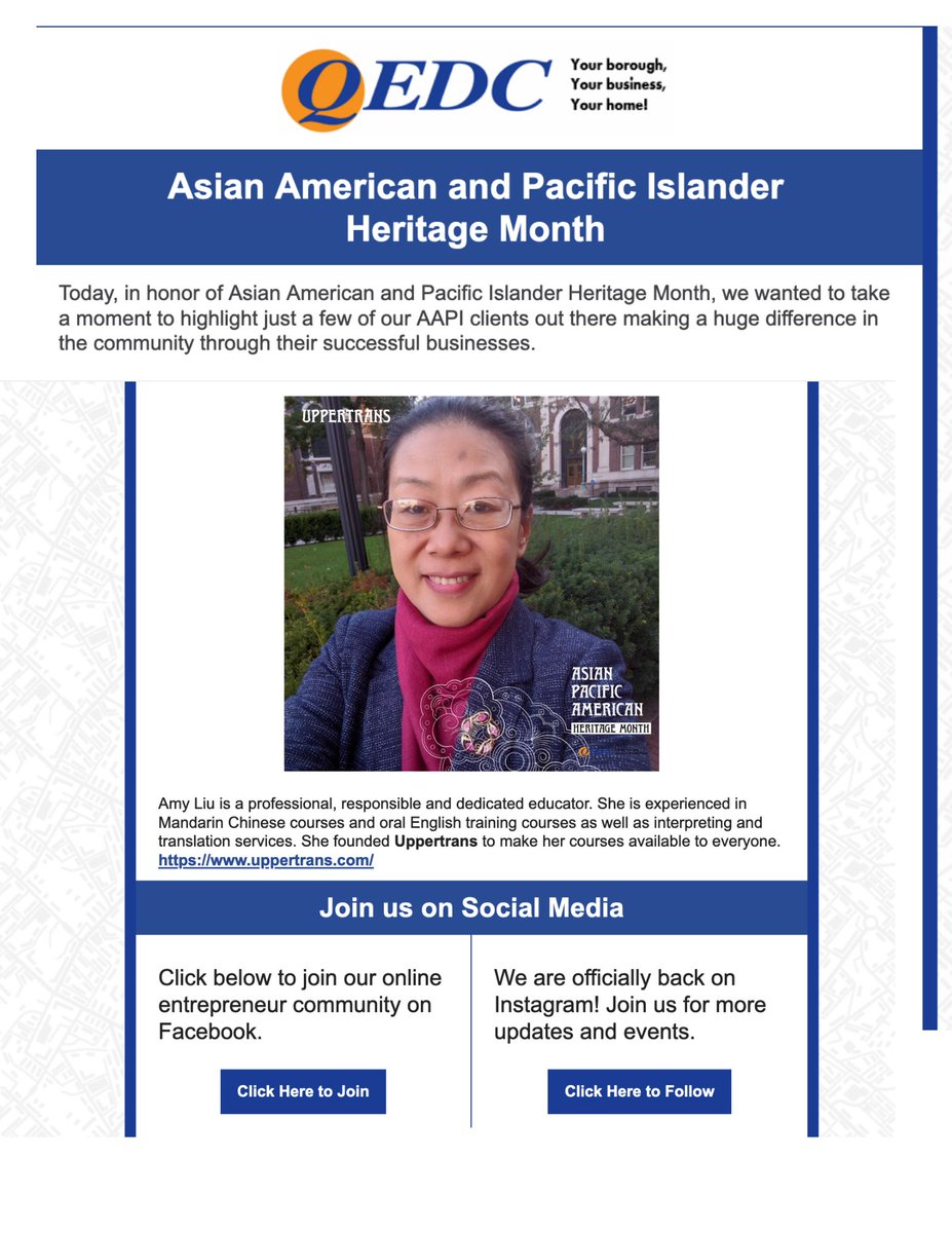 uppertrans's tweet photo. On May 26, 2022, It's my honor to be announced as as one of Spotlight by QEDC in Asian American and Pacific Islander Heritage Month! Thanks, Mr. Beny Castro, Thanks, QEDC for your strong support and encouragement!

#successfulbusinessinnyc # translationservicesnyc #Mandarinnyc https://t.co/ABWPbkOU7Q