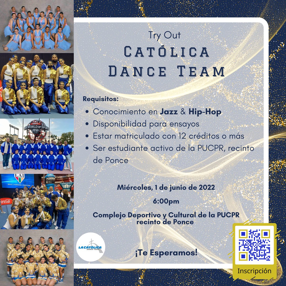CatolicaDance's tweet photo. 🚨¡AUDICIONES!🚨

Requisitos: Tener las tres dosis de la vacuna del COVID-19 y presentar evidencia de la misma.

#justaslai2022 #secondplaceoverall #jazzbronzemedalist #hiphopsilvermedalist  #catolicadanceteam #pucpr #pioneros #sangreazul #fiebrepionera https://t.co/DMjV942qtV