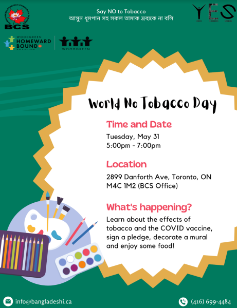youthbcs's tweet photo. Come and join our in-person event on World No Tobacco Day on 31st May (Tuesday) from 5pm to 7pm at BCS Office, 2899 Danforth Avenue, M4C1M3. There will be loads of fun activities, vaccine info session, gifts, and food! https://t.co/KMGF92fDPk