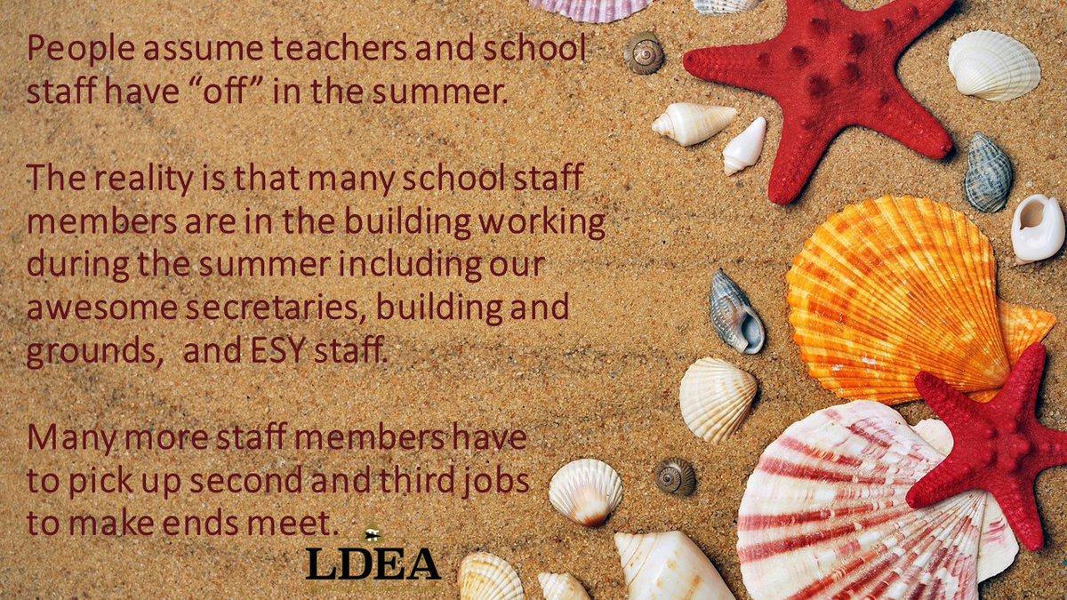 LDEA_NJ's tweet photo. As summer quickly approaches, a reminder that many school staff members not only work in their buildings in the summer. And those teachers who are "off" are usually at work at their 2nd or 3rd jobs. #NoSummerOff #TeachersWorkYearRound #LivingWagesNeeded https://t.co/xpmU0LHSEO