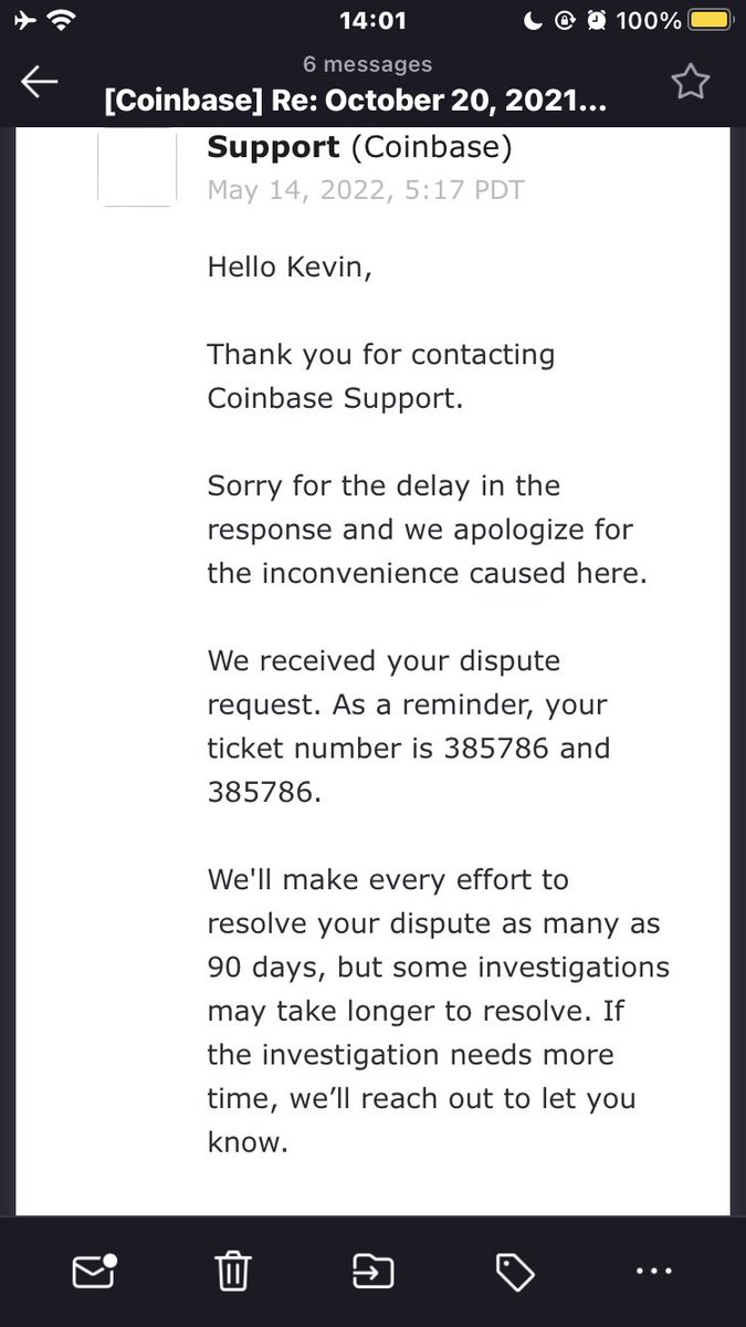 Kevo4tezos's tweet photo. @CoinbaseSupport That’s funny cause this email from may 14, 2022 says different. So what’s actually going on? Do you have no communication between departments in your company? This is insane. I’ve been waiting months and now you tell me my tickets aren’t even active?! What is going on??? https://t.co/MyrczPoijN