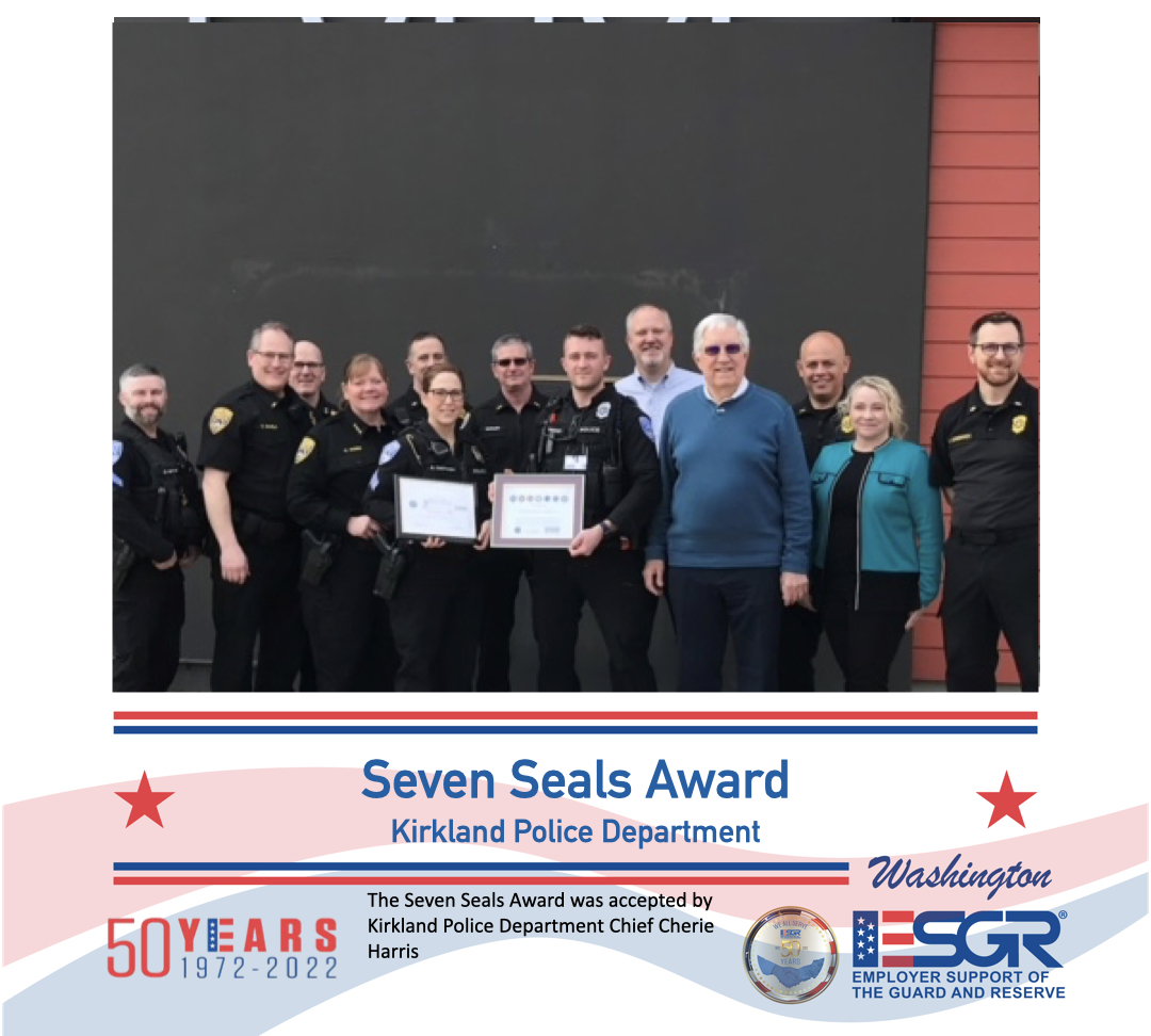 WA_ESGR's tweet image. Thank you @KirklandWAPD for being supportive of your employees who serve in the #ReserveComponents.  Congratulations on your #ESGR #PatriotAward and @ESGR #SevenSealsAward.  Read more at esgr.mil/News-Events/ES… &amp;amp; esgr.mil/News-Events/ES…