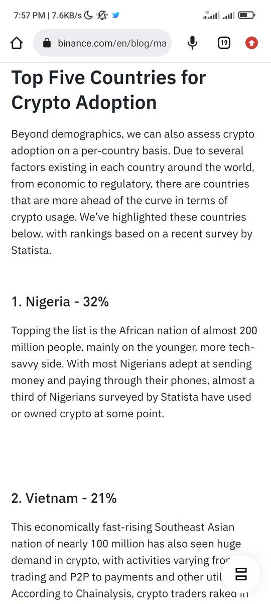 Just finished reading this article. And I was like 'wow! 32% adoption rate, 3rd country with most Bitcoin..This huge numbers and we don't have monthly #binance events here? No team of #Binance angels? ' @cz_binance, when are you coming to Nigeria sir? 😁🙏 @UdemeWilliam1 👀