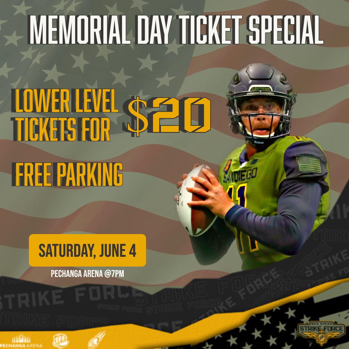 sdstrikeforce's tweet photo. Memorial Day Special!!
$20 all lower level tickets for our game next Saturday, June 4th. Donโt miss out on all the action. Shop the link in bio
#sdstrikeforce #memorialday #special #livesports https://t.co/GfD9lPUrWj