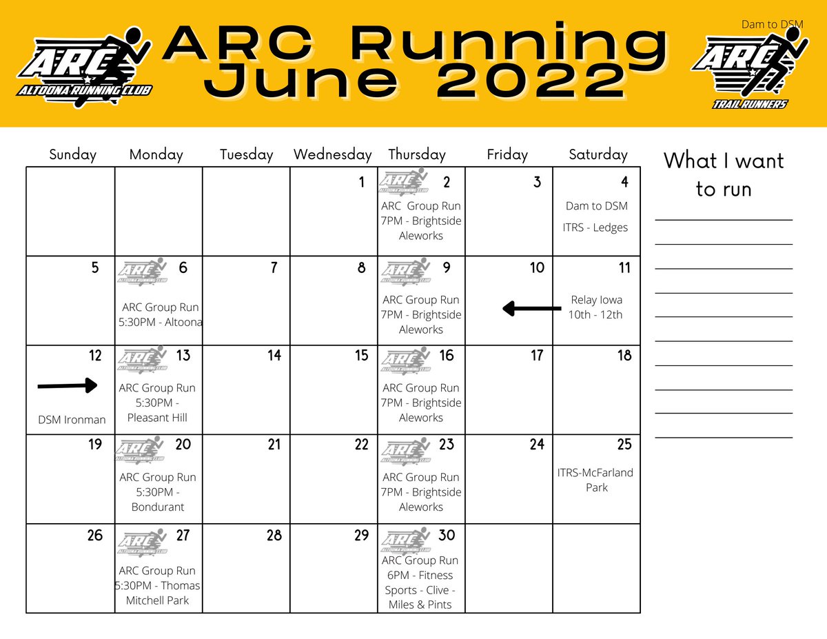 It’s time to start planning for June runs. Mondays will continue on our three town rotation. The 2nd Monday in Altoona will be a great opportunity to try out trail running at Thomas Mitchell Park too. Here’s a calendar to print off for home.