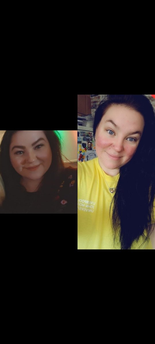 5 stone down in 5 months and was amazed to fit nicely into my newly acquired 'large' ljmu student top for this comparison picture. Have to say, I love the yellow ☀️☀️who says you can't study and lose weight?! #scphnstudent #ljmustudent