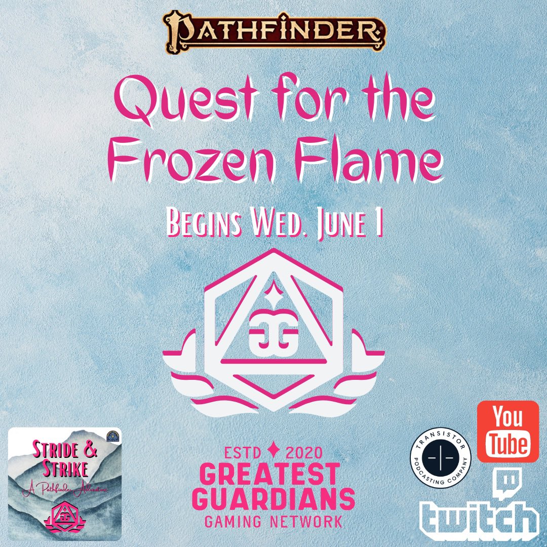 Gr8stGuardians's tweet photo. 5 days until the #premier of #Stride &amp; #Strike, #Pathfinder 2nd Edition #RPG #ActualPlay #Stream and #Podcast running your favorite @paizo #Adventure Paths!

#Quest for the Frozen Flame begins on Wednesday, June 1 at 7:45 pm PST on https://t.co/3H1VRtZzod!

#tabletop #ttrpg #pf2e https://t.co/3E4KzIuir0
