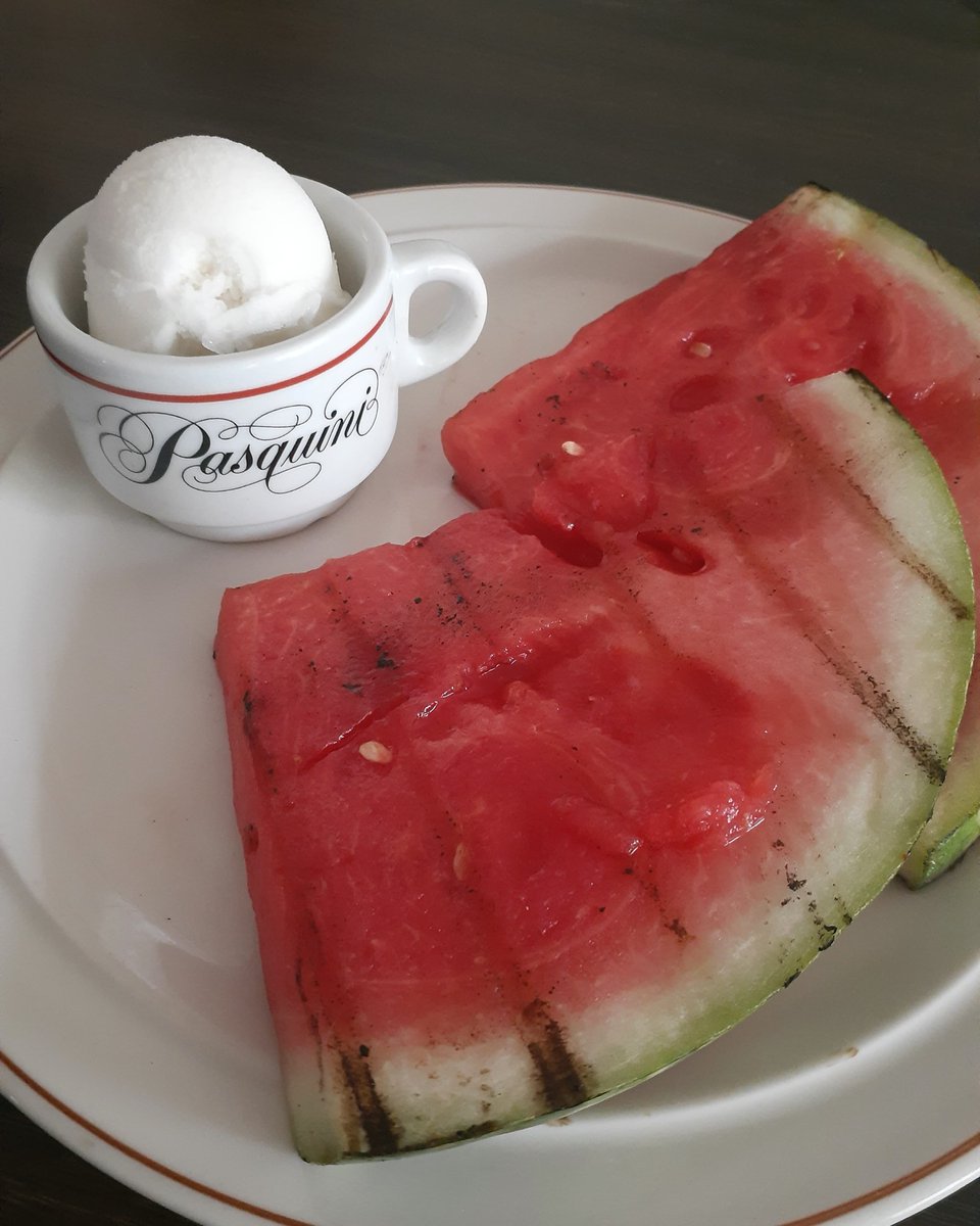 AutumnSaysHey's tweet photo. My attempt at lightly grilled watermelon with lemon sorbet 🍉🍋☀️
.
.
.
#grilling #dessert #homemade https://t.co/n4mZ2Ks4eq