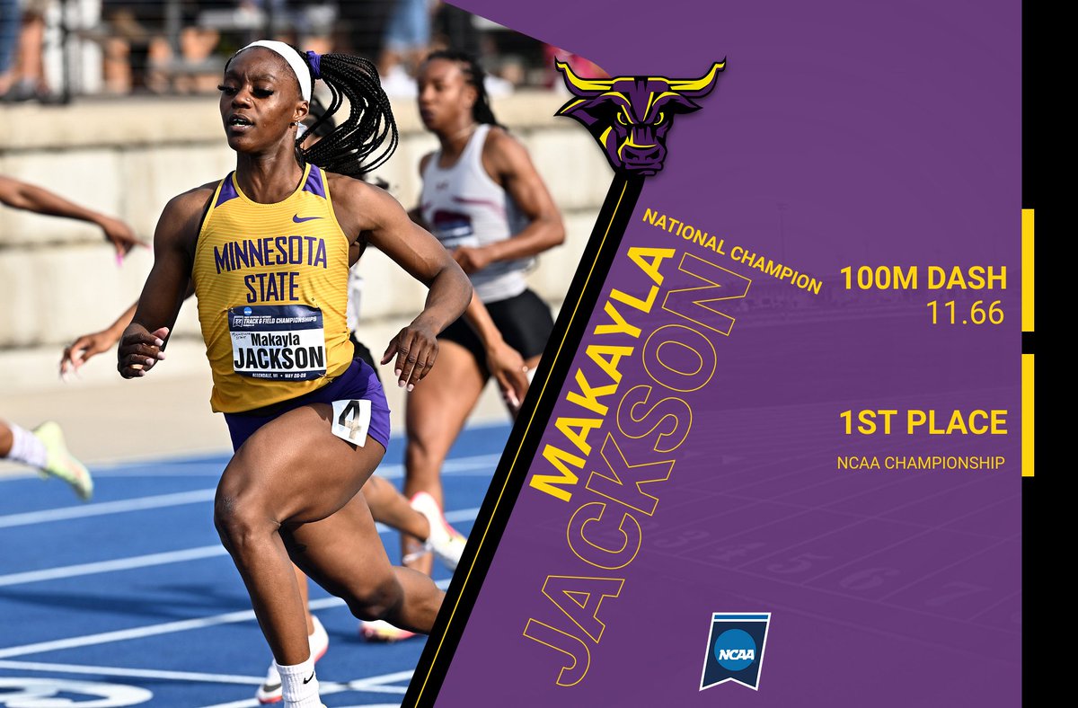MinnStAthletics's tweet photo. Makayla Jackson is your NATIONAL CHAMPION in the 100m Dash at the #NCAAD2ODTF Championships!!! This the 3rd title for the Mavericks and 2nd individual title on championship Saturday😈🤘😈#HornsUp #MavFam https://t.co/DhvvJLlXly