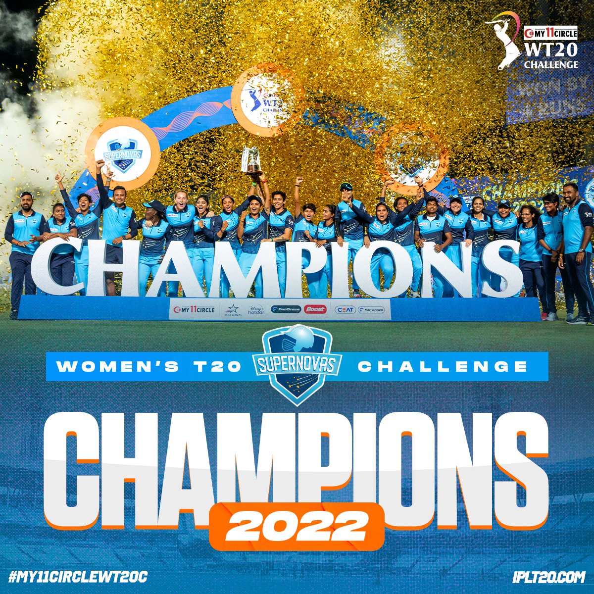 IPL's tweet photo. C. H. A. M. P. I. O. N. S! 🏆

Congratulations to Team Supernovas - the winner of the #My11CircleWT20C 2022. 🙌 🙌

#SNOvVEL https://t.co/5g35zIFeNk