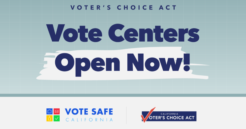 CASOSVote's tweet photo. Vote centers are now open for Voter’s Choice Act counties. Visit https://t.co/RPE2gY5ngy to find an early voting location near you. 

#VoteSafeCA #VCA #MoreDaysMoreWays