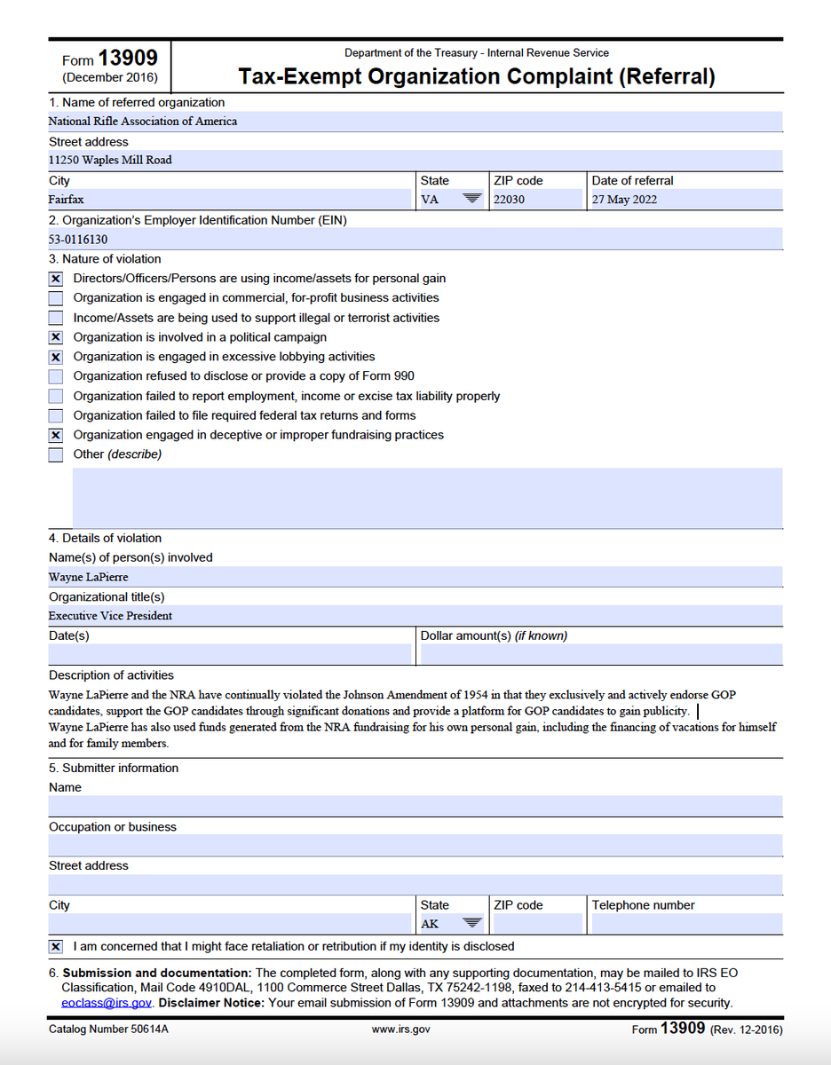 DianaWandersOn's tweet photo. @JoJoFromJerz Here's something everyone can do. it's a simple way to remove NRA's fraudulent tax exemption. Copy this form (which has already been filled in) and then email it to: eoclass@irs.gov 
Make 'em pay—even if it's just taxes. https://t.co/4khSEI1FT7