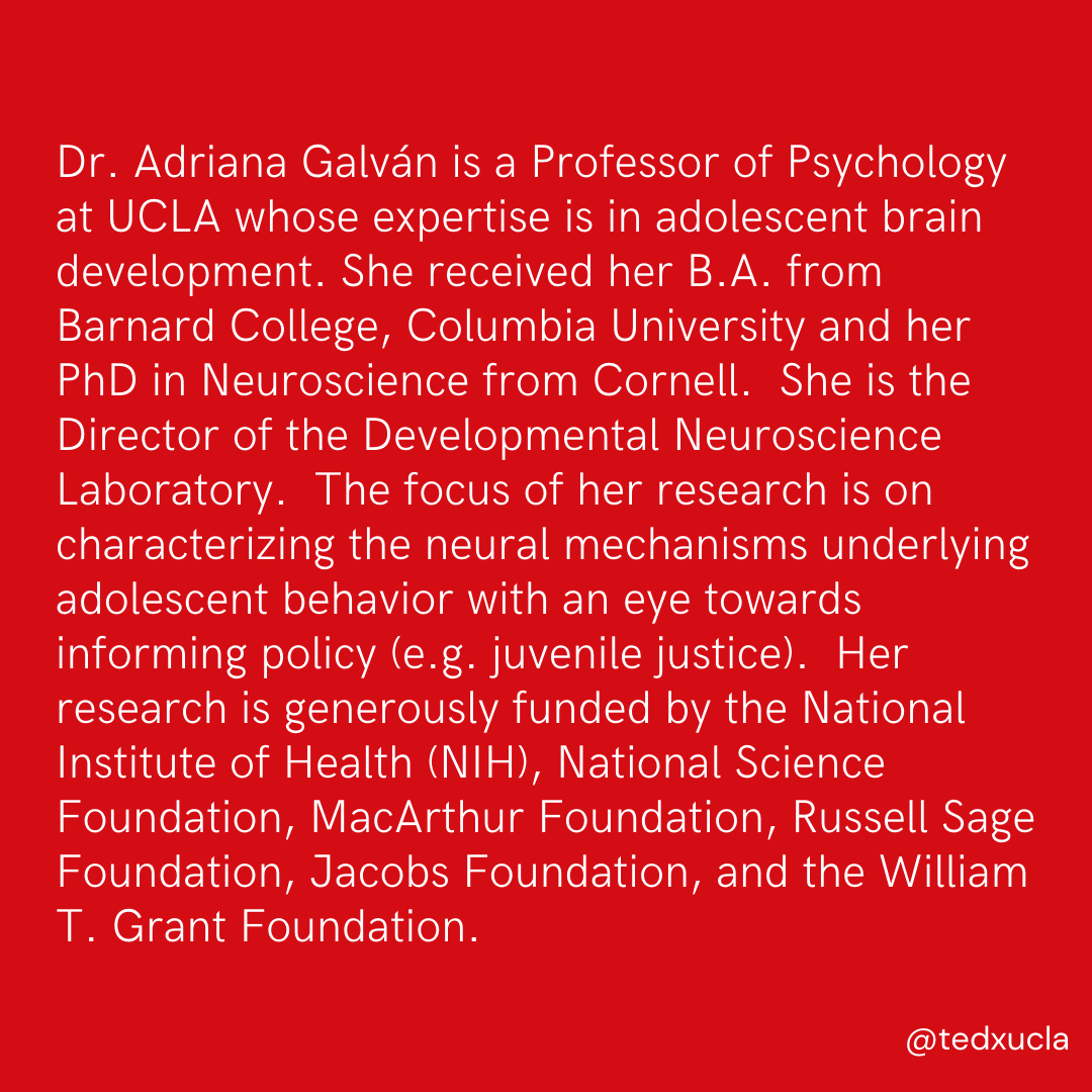TEDxUCLA's tweet photo. We often describe effective solutions as addressing the "root" of a problem. Dr. Adriana Galvan uses neuroscience research to understand the "roots" of juvenile decision making and behavior, informing better correctional policy. Hear her speak at TEDxUCLA 2022! https://t.co/BSCGOKILKt